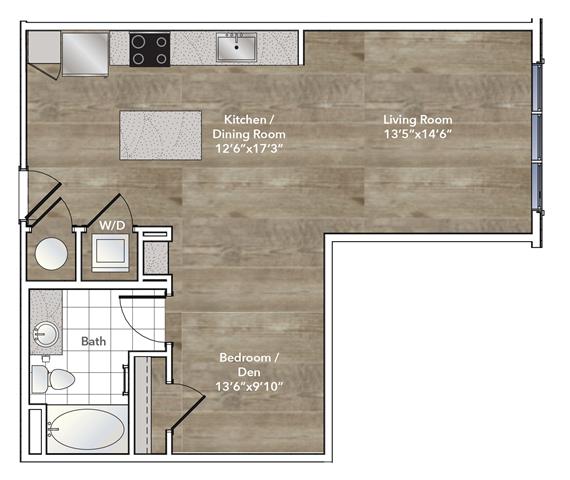 Floor plan for studio, 1 bath, 684 sqft